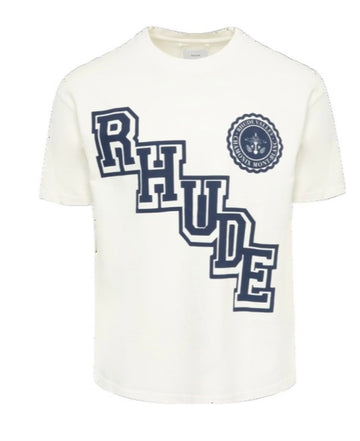 White short-sleeve T-shirt with large navy blue RHUDE letters diagonally and a circular logo on upper right chest area front.