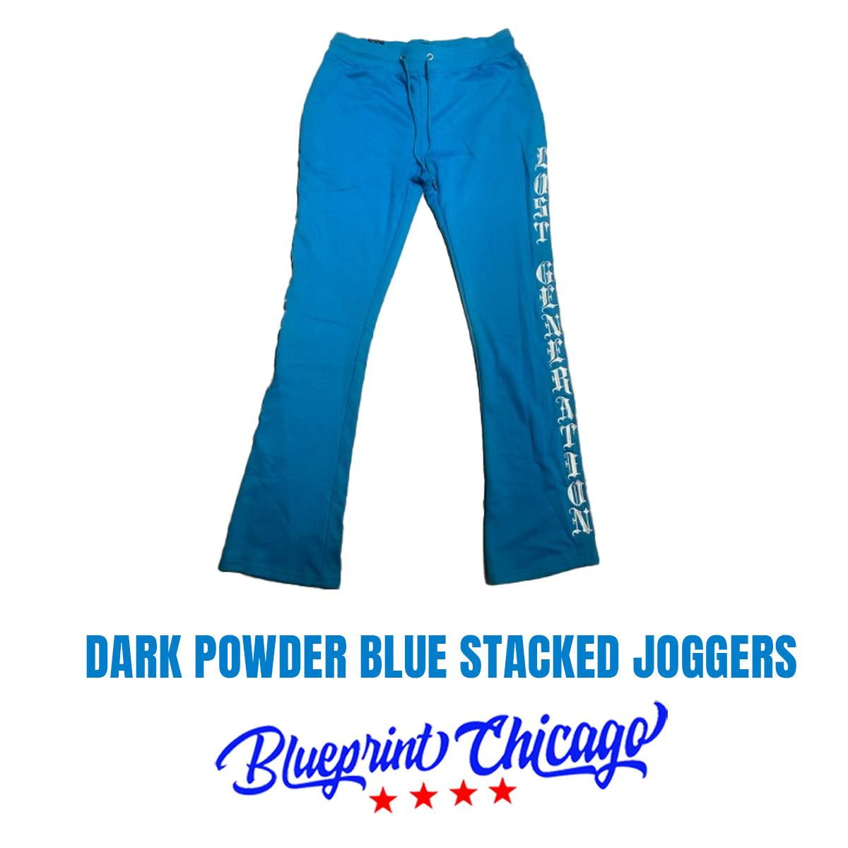Bright powder blue jogger pants with "Lost Generation" text printed down the left leg, featuring a drawstring waistband.