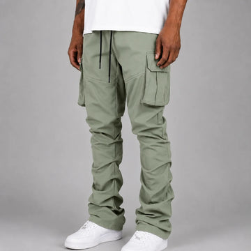REBEL MINDS: Sage Solid Cargo Stacked Nylon Pants