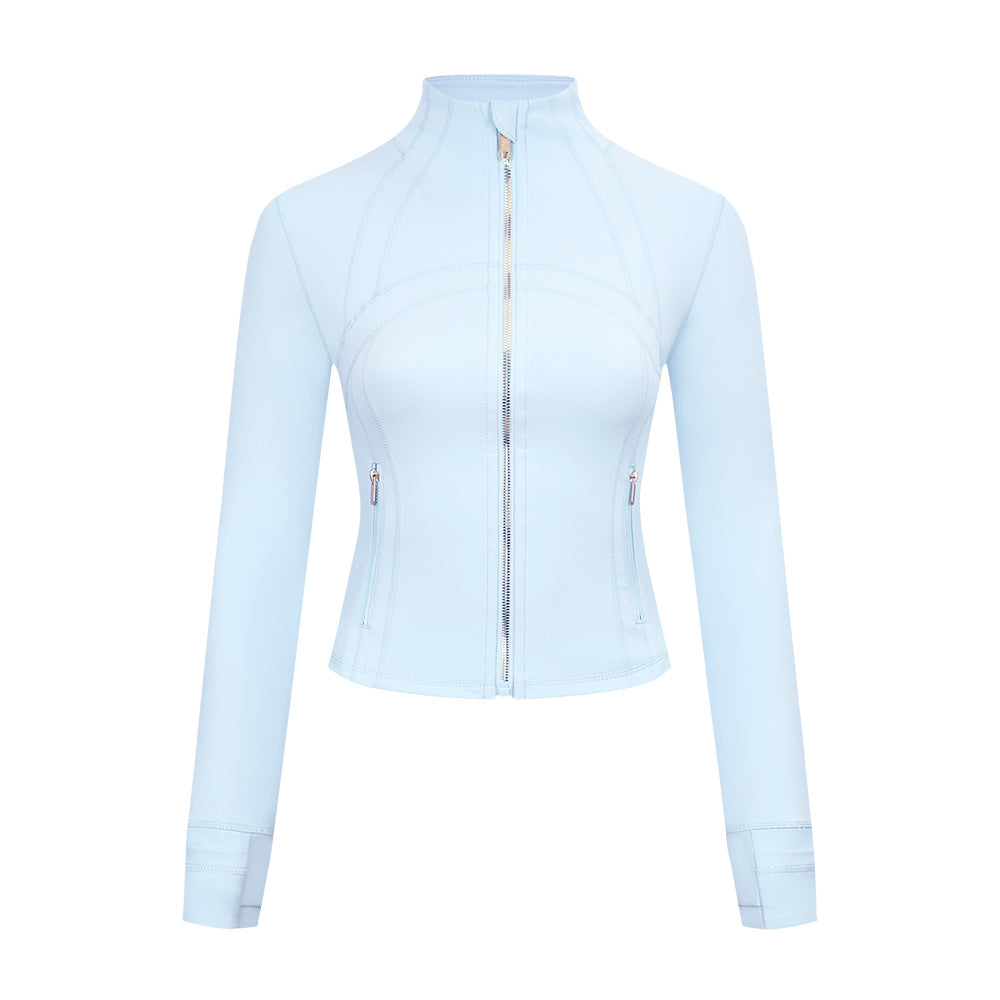 Athletic Wear: Powder Blue Gold Zipper Cropped Short Set
