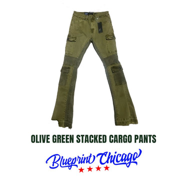 A pair of olive green stacked cargo pants with multiple side pockets and a relaxed fit, featuring the "Blueprint Chicago" logo at the bottom.