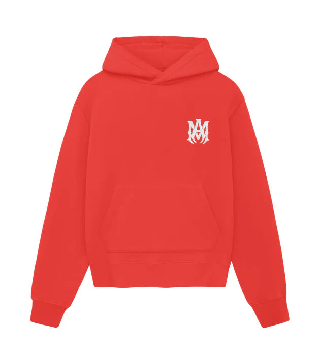 A red hoodie with a white "MM" logo on the chest, featuring a front pocket and a classic hooded design.