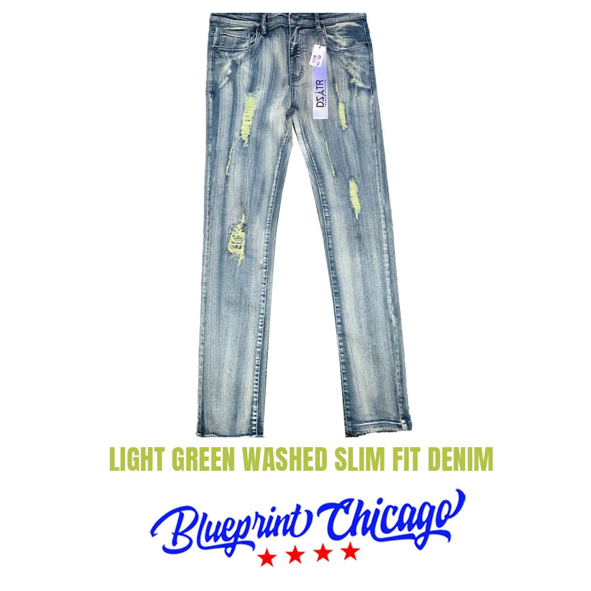 Light green washed slim-fit denim with distressed rips, faded wash, and a blue brand tag attached to the waistband.