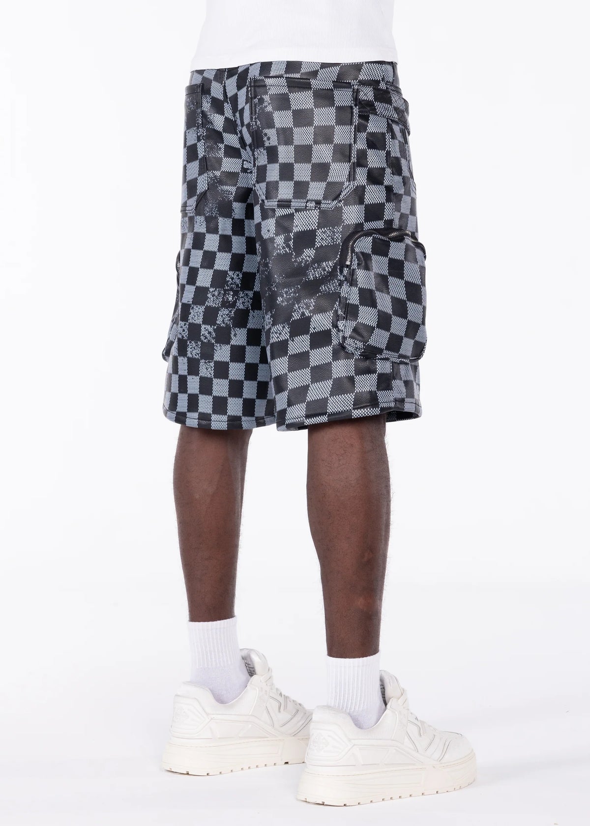 GUAPI: Obsidian Black Checkerboard Leather Shorts