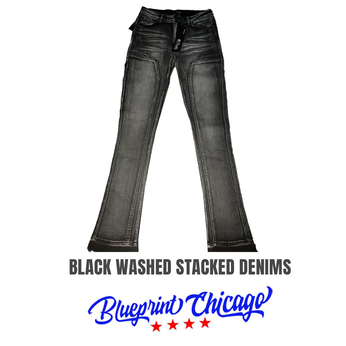 A pair of black washed stacked denim jeans with a faded design and multiple pockets, displayed with a "Blueprint Chicago" label.