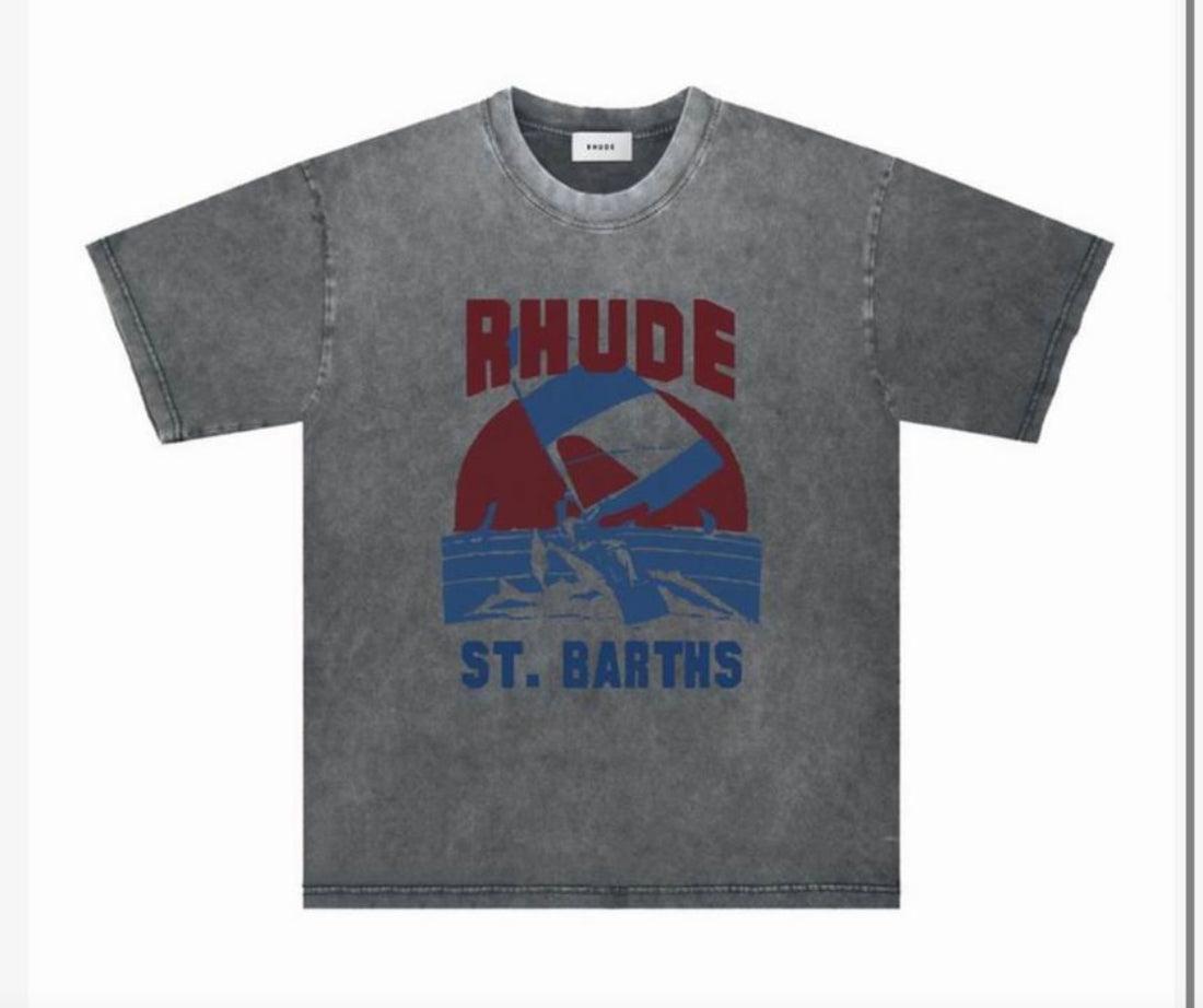 Gray washed t-shirt with maroon and blue graphic text "RHUDE ST. BARTHS" and abstract design printed on the front.