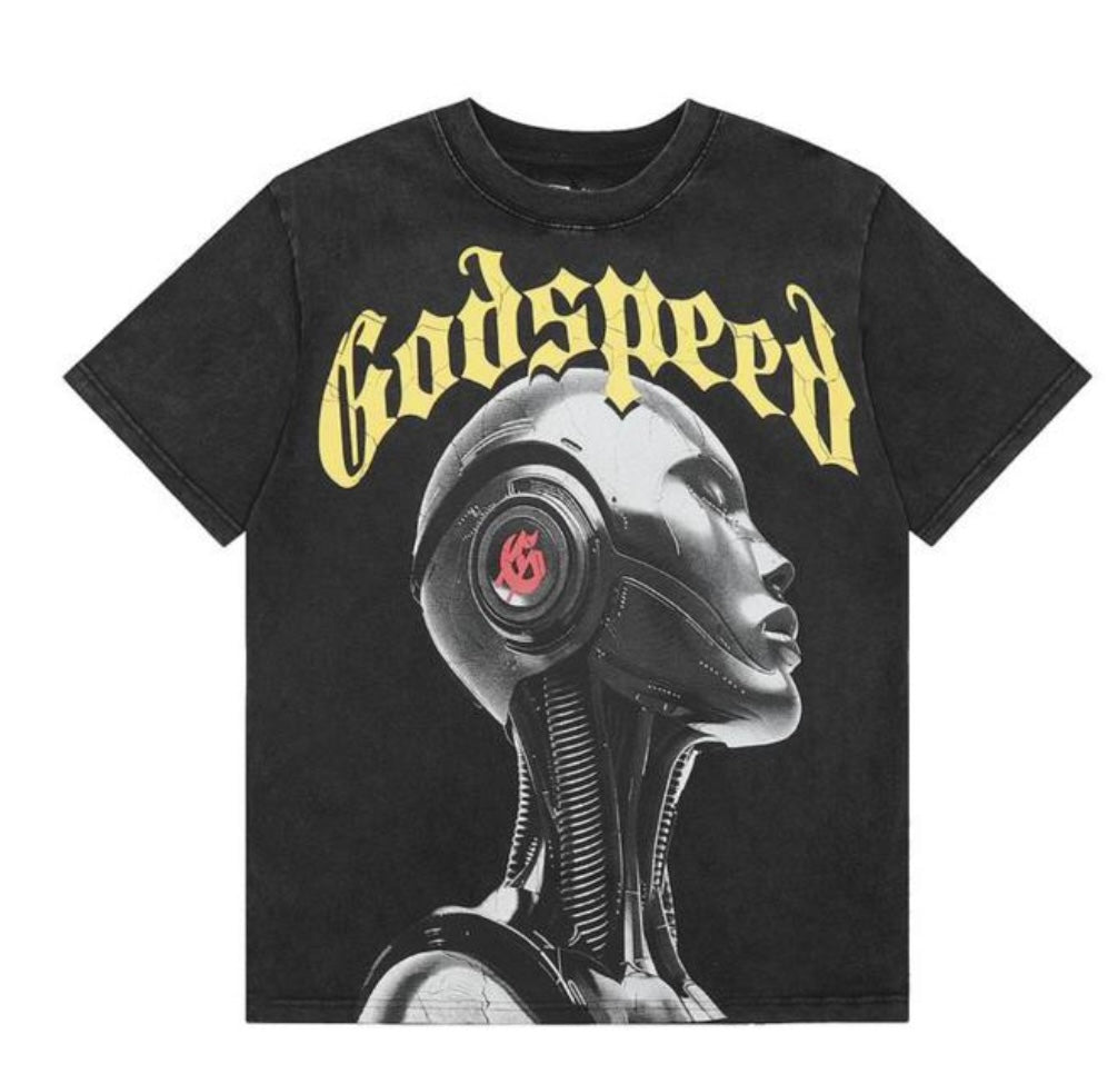Black t-shirt with "Godspeed" in yellow text, featuring an image of a robot head with a red logo on its ear.