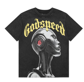 Black t-shirt with "Godspeed" in yellow text, featuring an image of a robot head with a red logo on its ear.