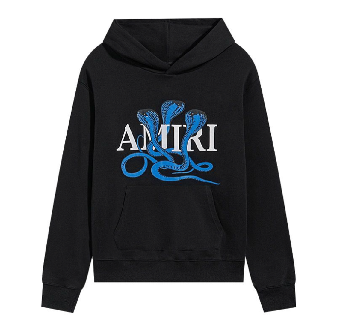 Black hoodie with a front kangaroo pocket featuring a blue three-headed cobra graphic over white "AMIRI" text logo.