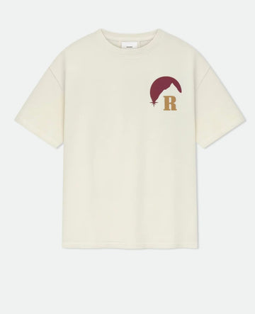 Cream oversized T-shirt with a maroon and gold graphic logo featuring a mountain and the letter R on the chest.
