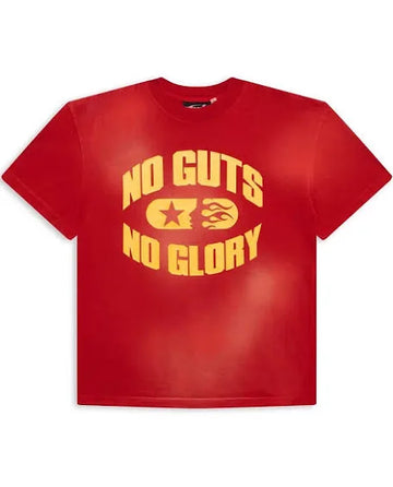 Red cropped t-shirt with a bold yellow graphic reading "NO GUTS NO GLORY" featuring a star and flames in the design.