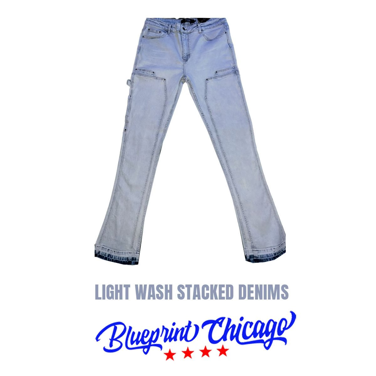 Light-wash stacked denim jeans with a faded design, featuring multiple pockets, displayed with a "Blueprint Chicago" label.