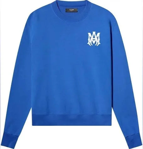 Blue long-sleeve crewneck sweatshirt with white embroidered logo on left chest, displayed on white background.