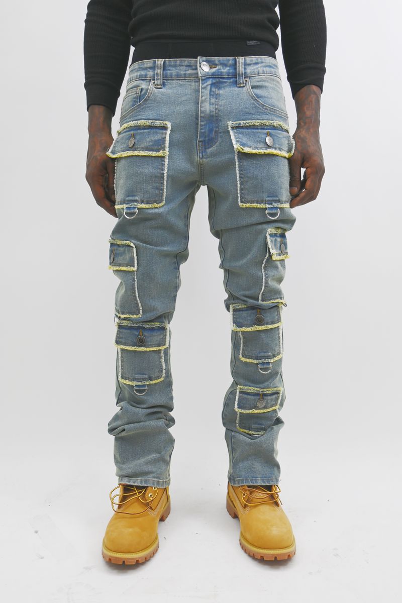 ARMOR JEANS: MULTI POCKET STACKED BLUE JEANS