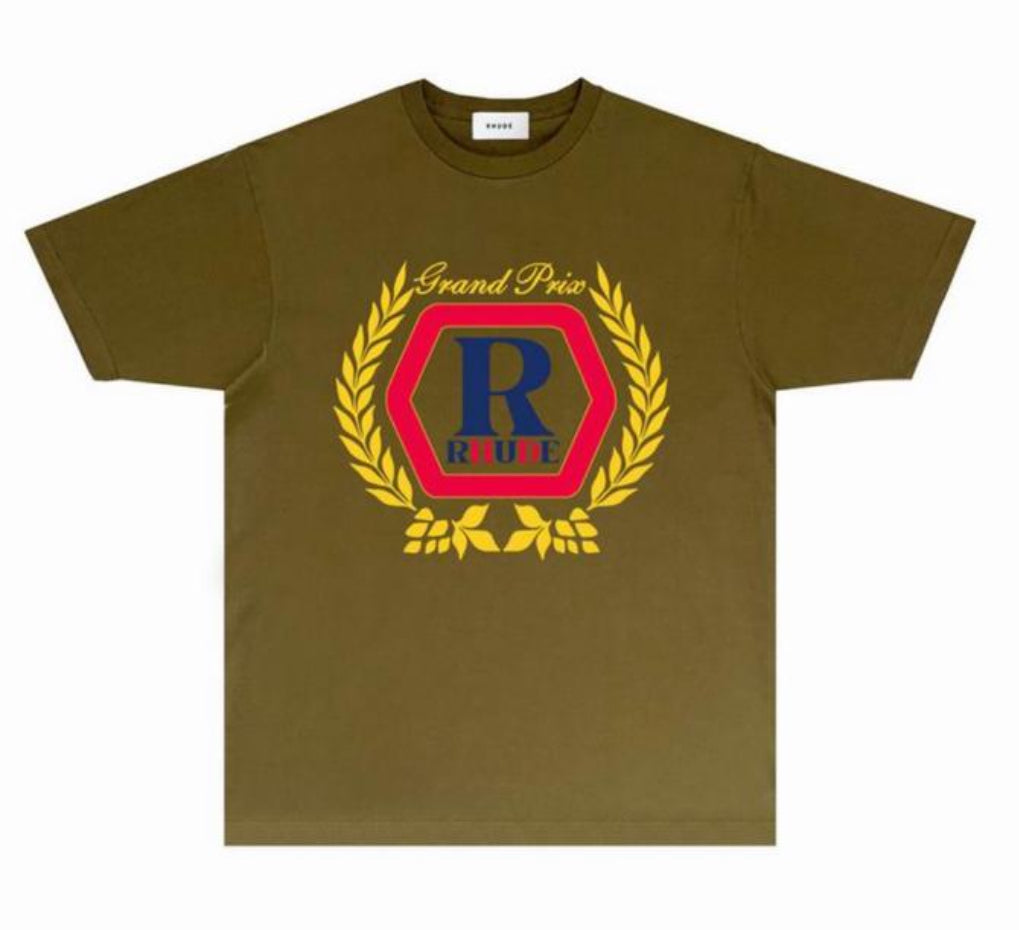 An olive green t-shirt featuring a red and blue "R" logo surrounded by a yellow laurel wreath and the text "Grand Prix".