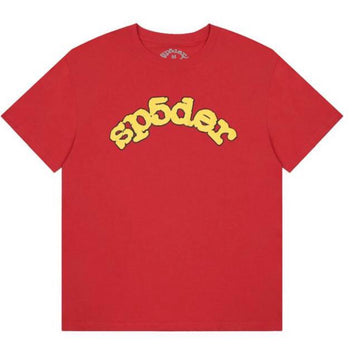 Red t-shirt with the word "sp5der" in yellow, featuring a bold, curved font design in the center.
