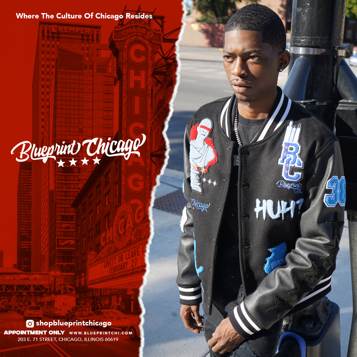 A person wearing a black varsity jacket with blue and white patches, standing in front of a Chicago-themed background and logo.