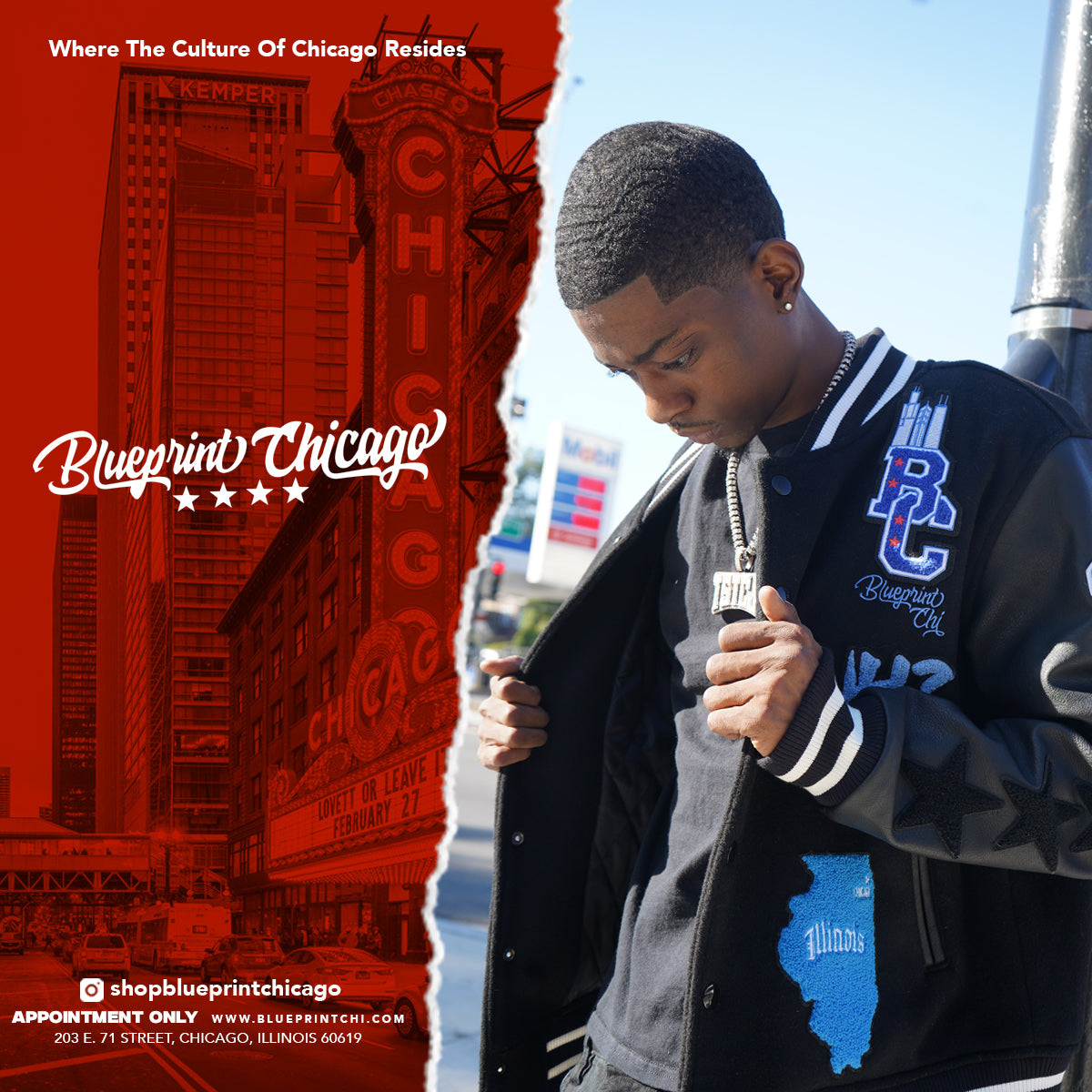 Young man wearing a black jacket with Chicago and Illinois patches poses beside a red cityscape background and text.