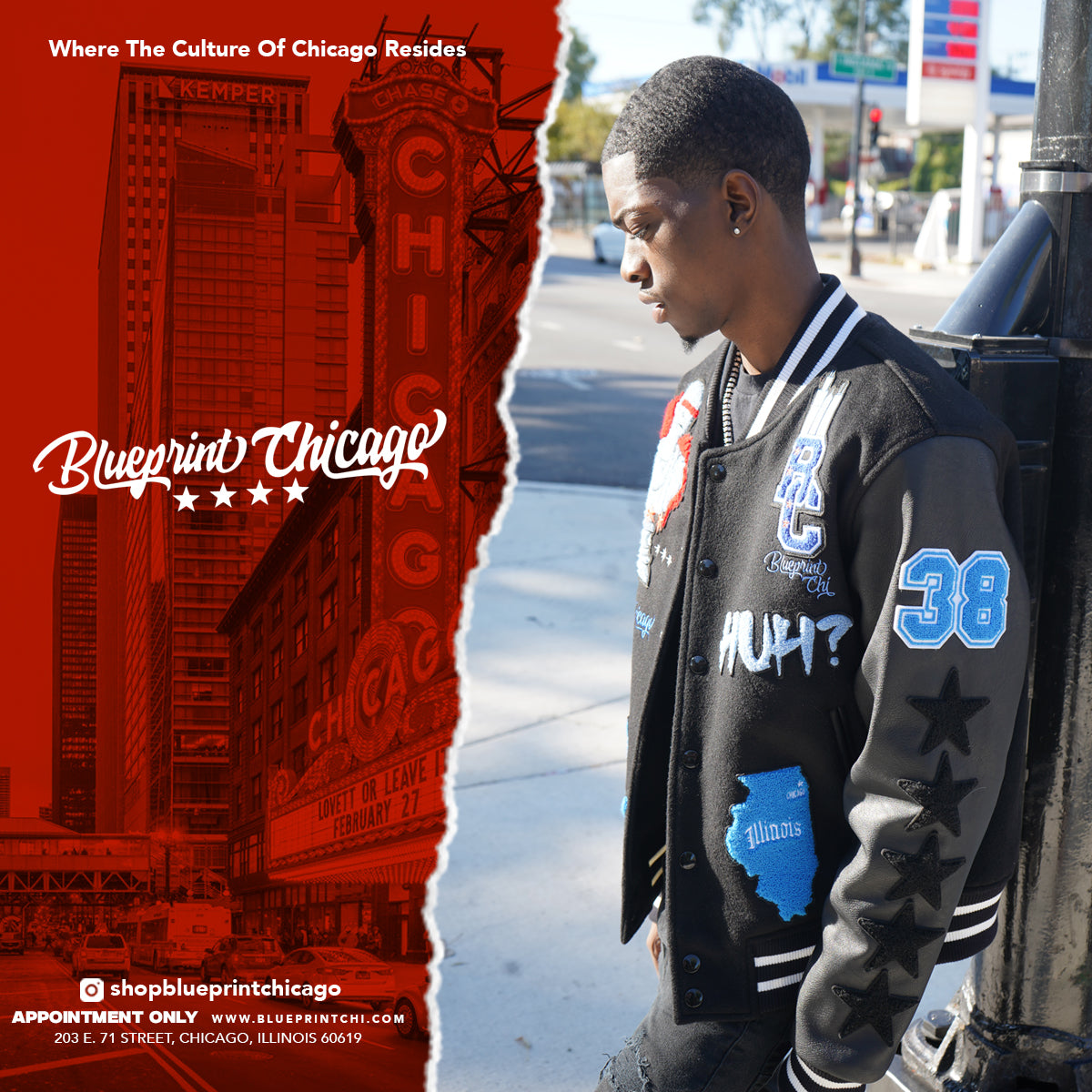 Young man in black varsity jacket stands by streetlamp with Chicago theater and cityscape in red overlay background.