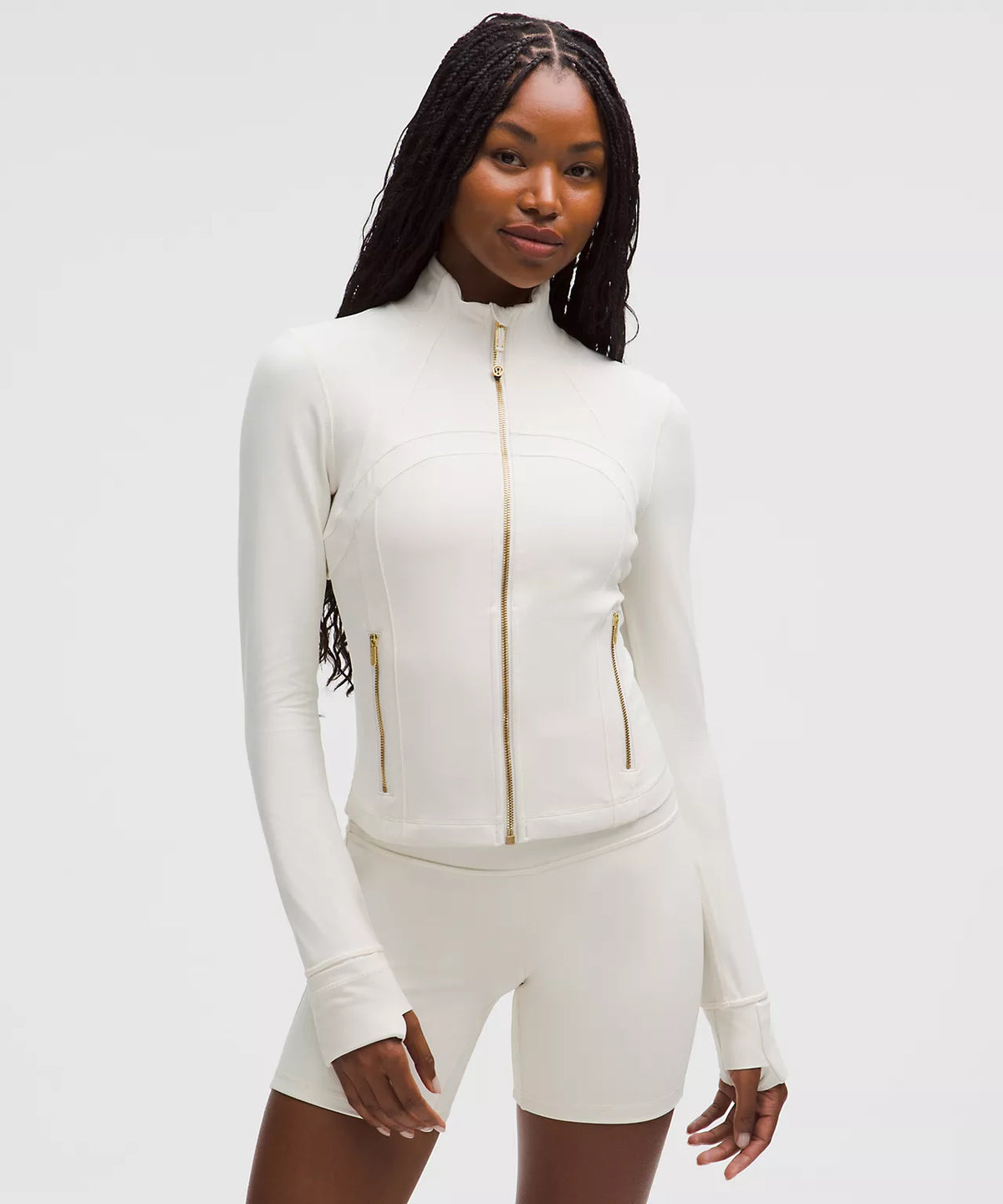 Athletic Wear: Cream CROPPED W GOLD ZIPPER Leggings Set