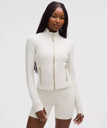 Athletic Wear: Cream CROPPED W GOLD ZIPPER Leggings Set