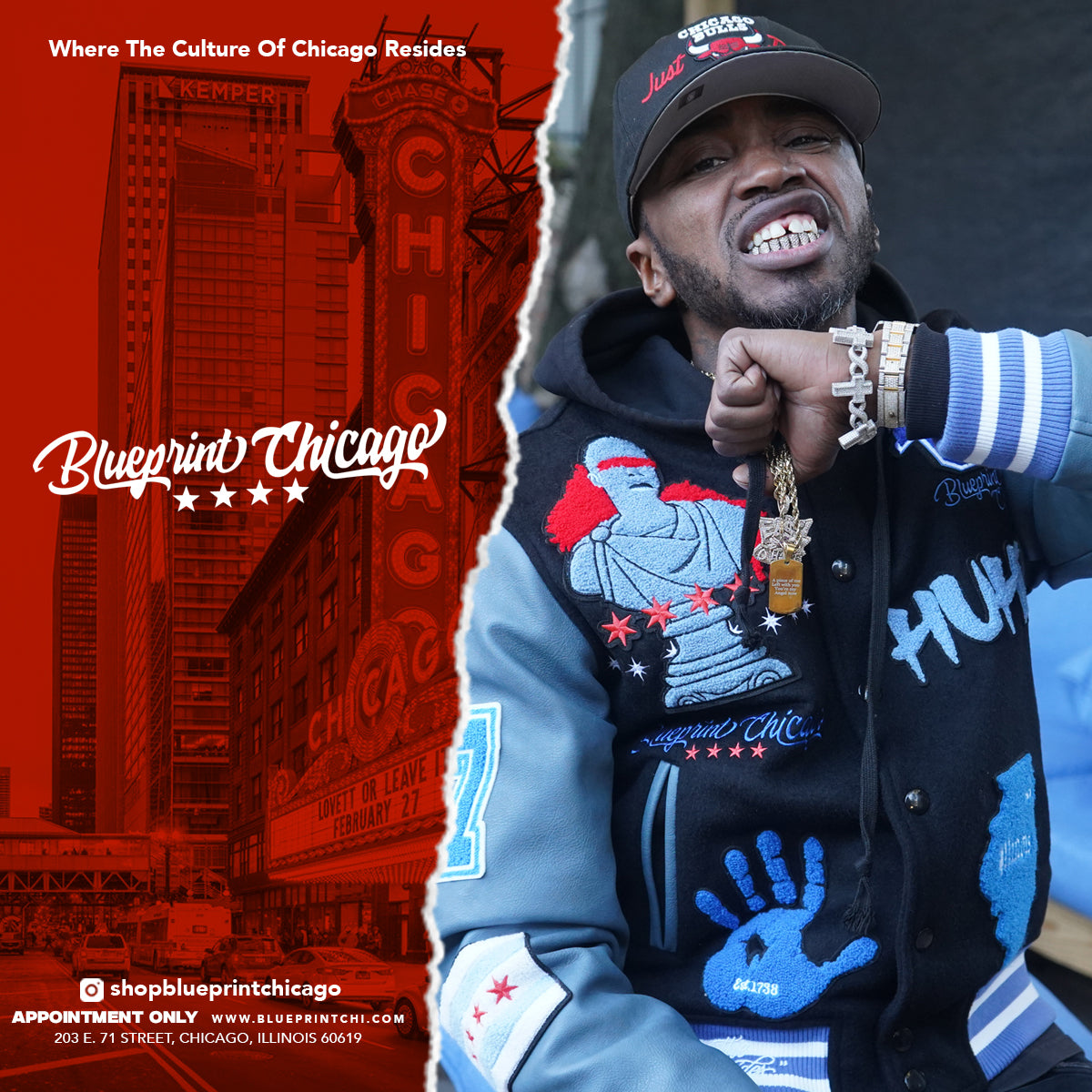 Man wearing Chicago Bulls cap, black and blue hoodie showing jewelry and grill, with red Chicago cityscape background.