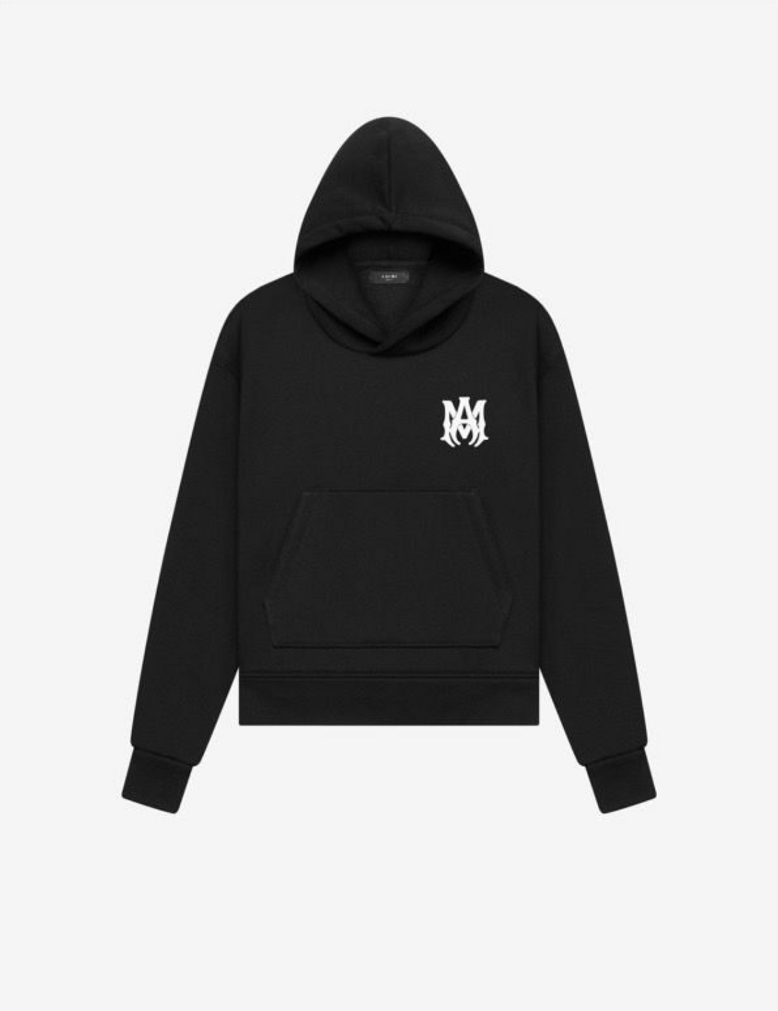 A black hoodie with a white "MM" logo on the chest, featuring a front pocket and a classic hooded design.