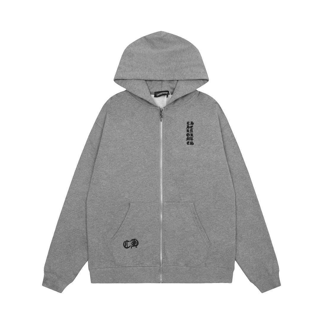 CH: GREY ZIP UP HOODIE WITH VERTICAL LOGO