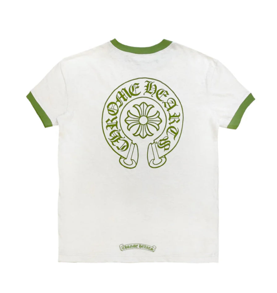 CH: Cream/Green Ringer Horseshoe Scroll Logo Short Sleeve Tee