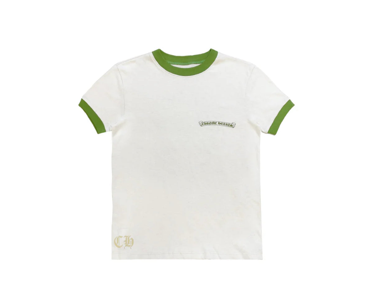 CH: Cream/Green Ringer Horseshoe Scroll Logo Short Sleeve Tee