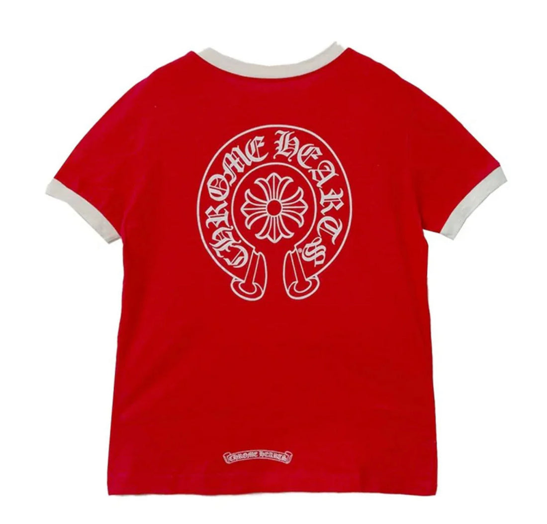 CH: Ringer Horseshoe Scroll Logo Short Sleeve Tee Shirt Red White