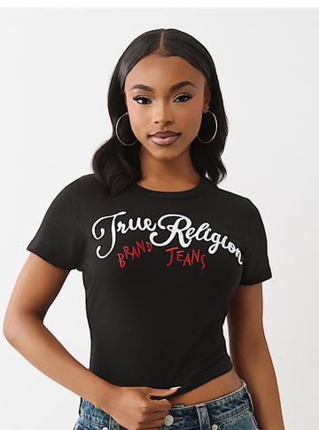 True religion :embroidered sleeve baby tee