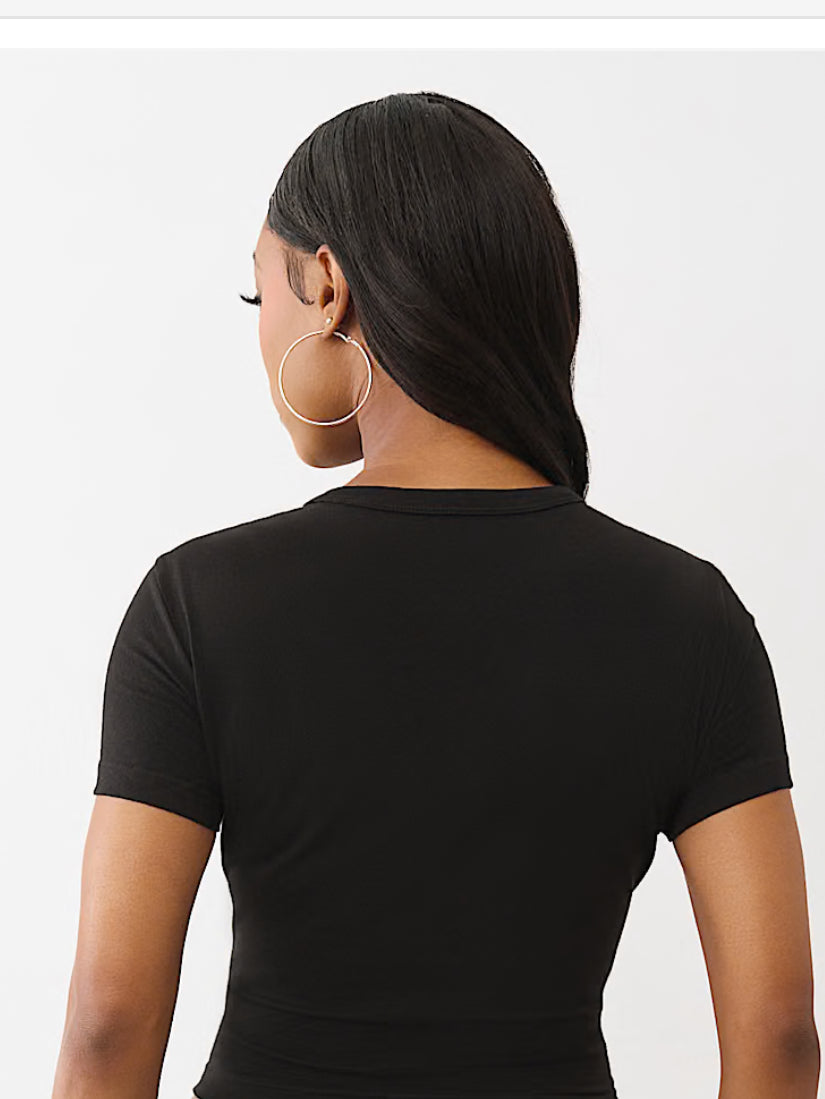 True religion :embroidered sleeve baby tee