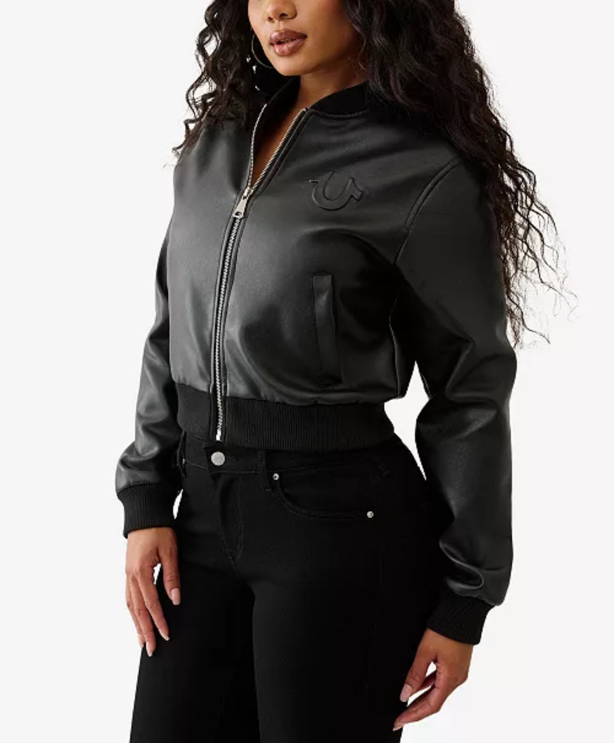 True Religion: Black Cropped Bomber