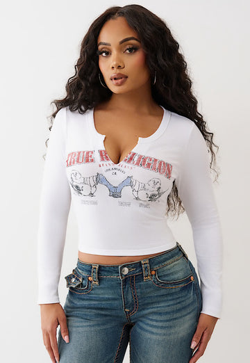 True Religion: BUDDHA V NOTCH RIBBED LONG SLEEVE TEE