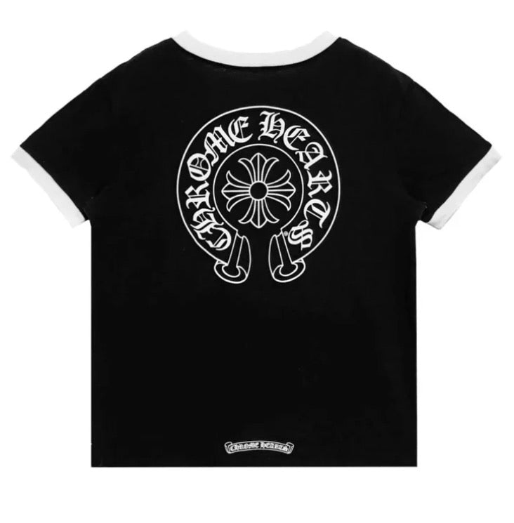 CH: Black Ringer Horseshoe Scroll Logo Short Sleeve Tee
