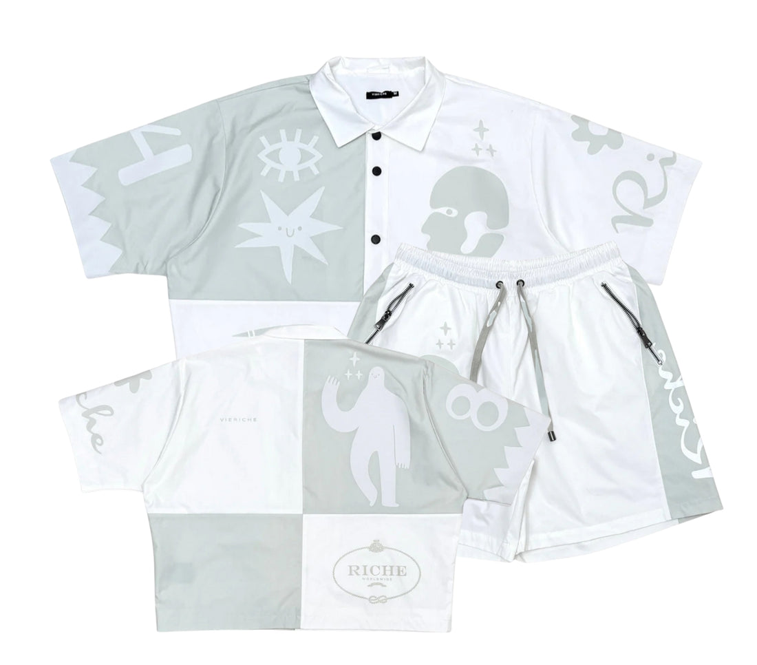 A gray and white VIERICHE shirt and shorts set with abstract graphics, including eyes, stars, faces, and the Riche logo.