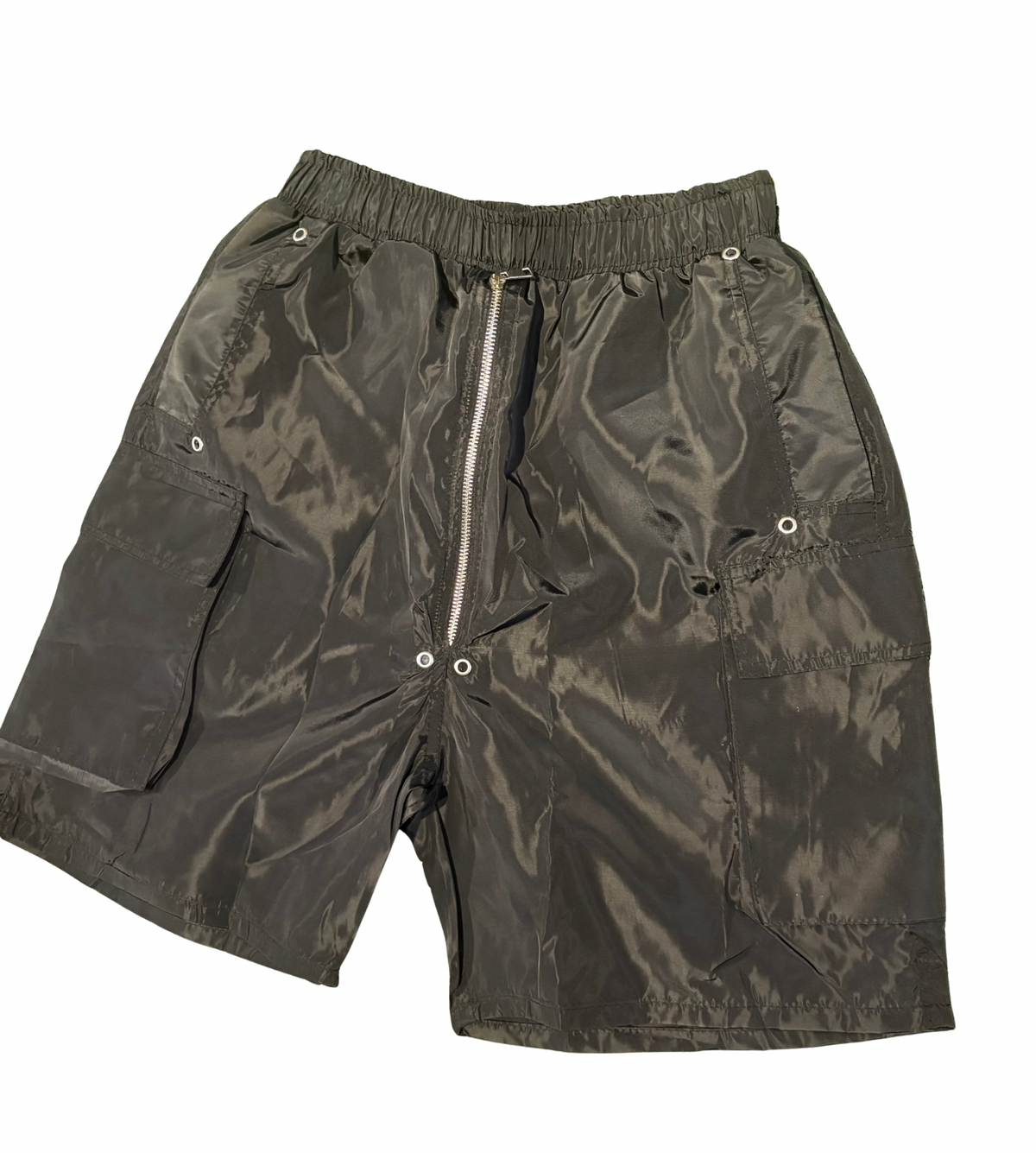 Black cargo shorts with a shiny, smooth fabric finish, featuring a zipper down the front and multiple pockets on the sides.