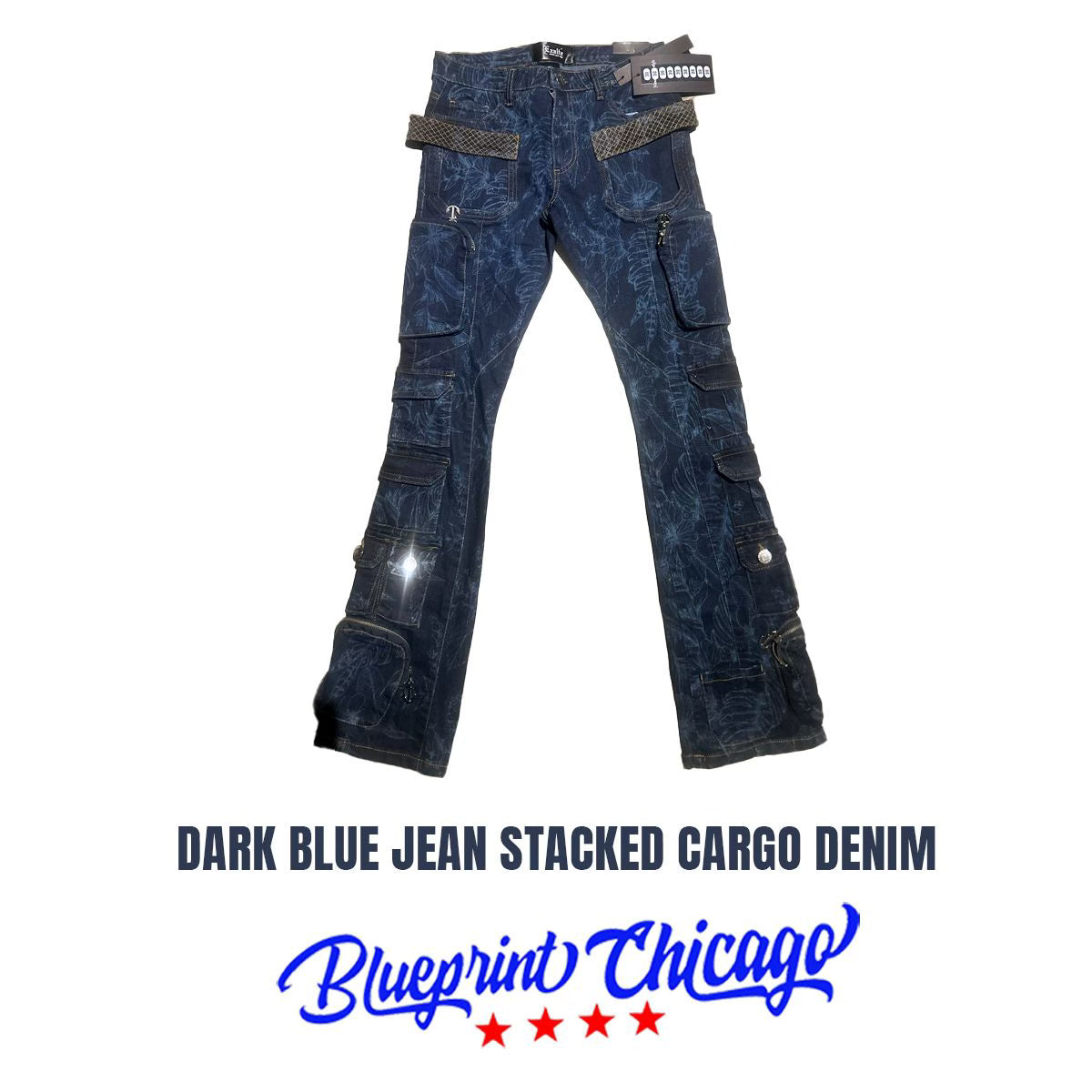 A pair of dark blue stacked cargo jeans with multiple pockets, zippers, and a unique design, branded with the "Blueprint Chicago" logo.