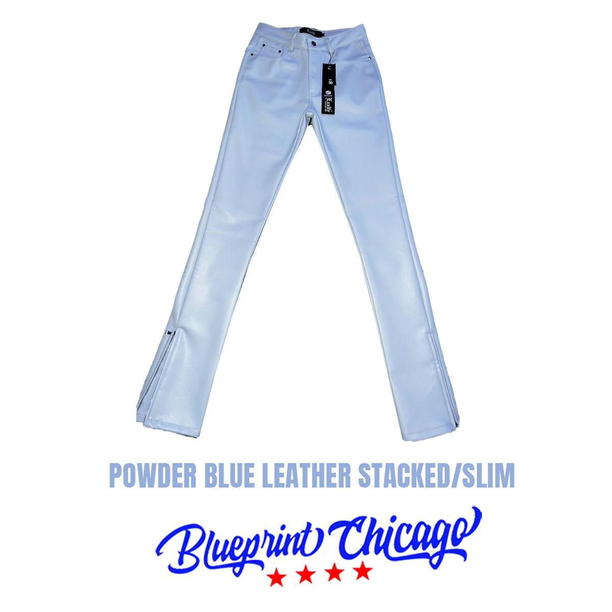 Powder blue leather stacked/slim pants with a sleek finish, featuring a brand tag attached to the waistband and zipper cuffs.