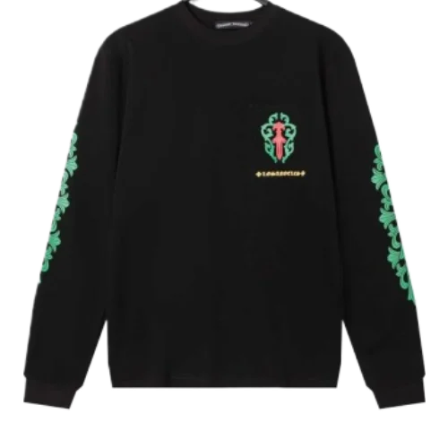 CH: Rose Cross Floral Vine Sword Long Sleeve T-Shirt Black