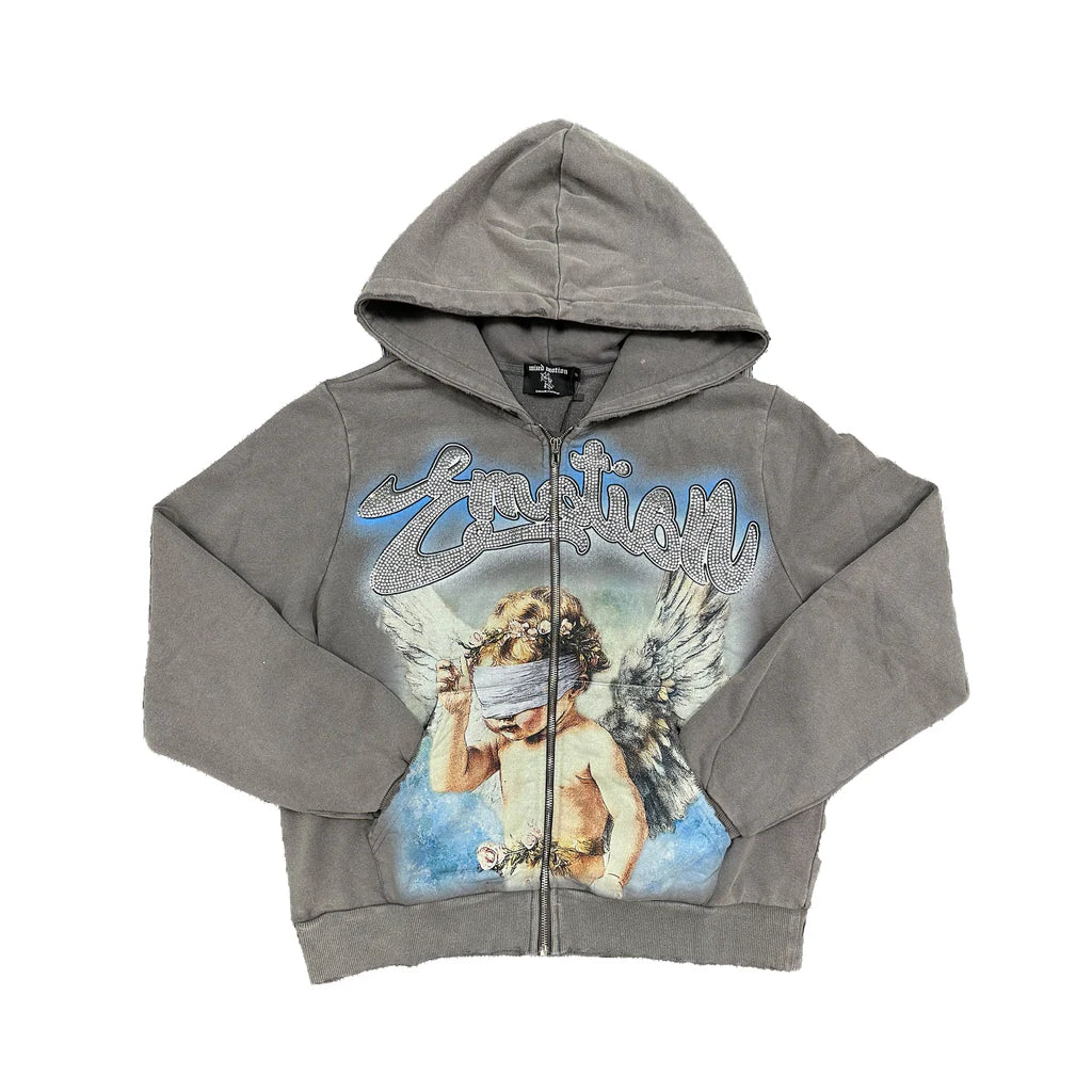 MIXED EMOTION: GREY RHINESTONE HOODIE